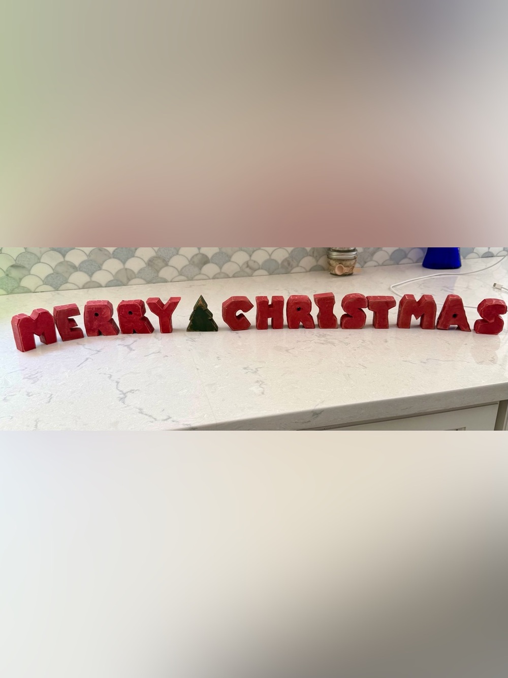Merry Christmas Tabletop Sign - Red Letters with Green Tree Accent
